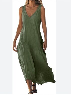 Olive Green Sleeveless V-Neck Maxi Dress
